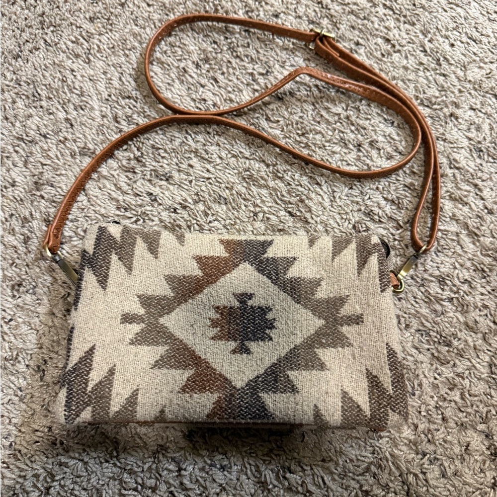 Buckle Tan and Brown Geometric Crossbody Bag
